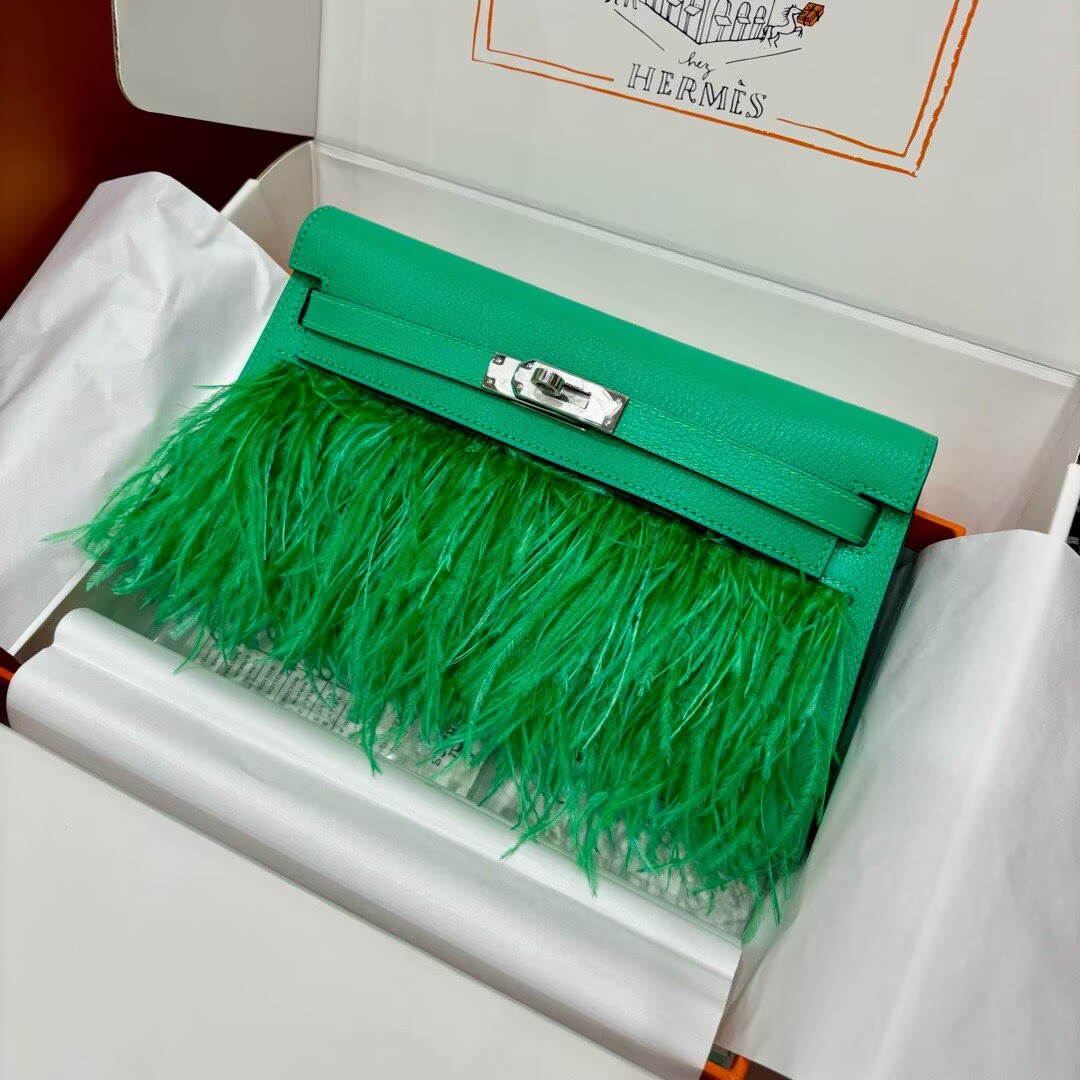 Hermes Kelly Elan Original Leather Ostich Feathers Bag 83210 Green Hermes Kelly Elan Original Leather Ostich Feathers Bag 83210 Green