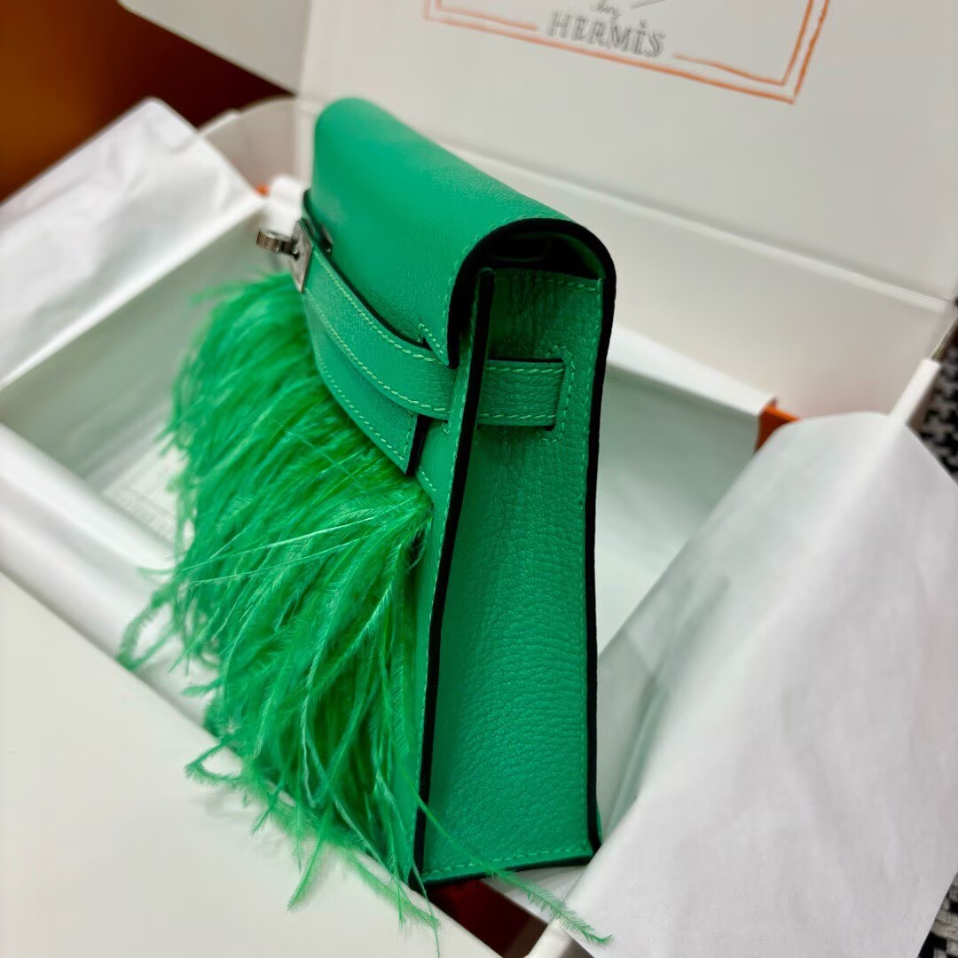Hermes Kelly Elan Original Leather Ostich Feathers Bag 83210 Green Hermes Kelly Elan Original Leather Ostich Feathers Bag 83210 Green