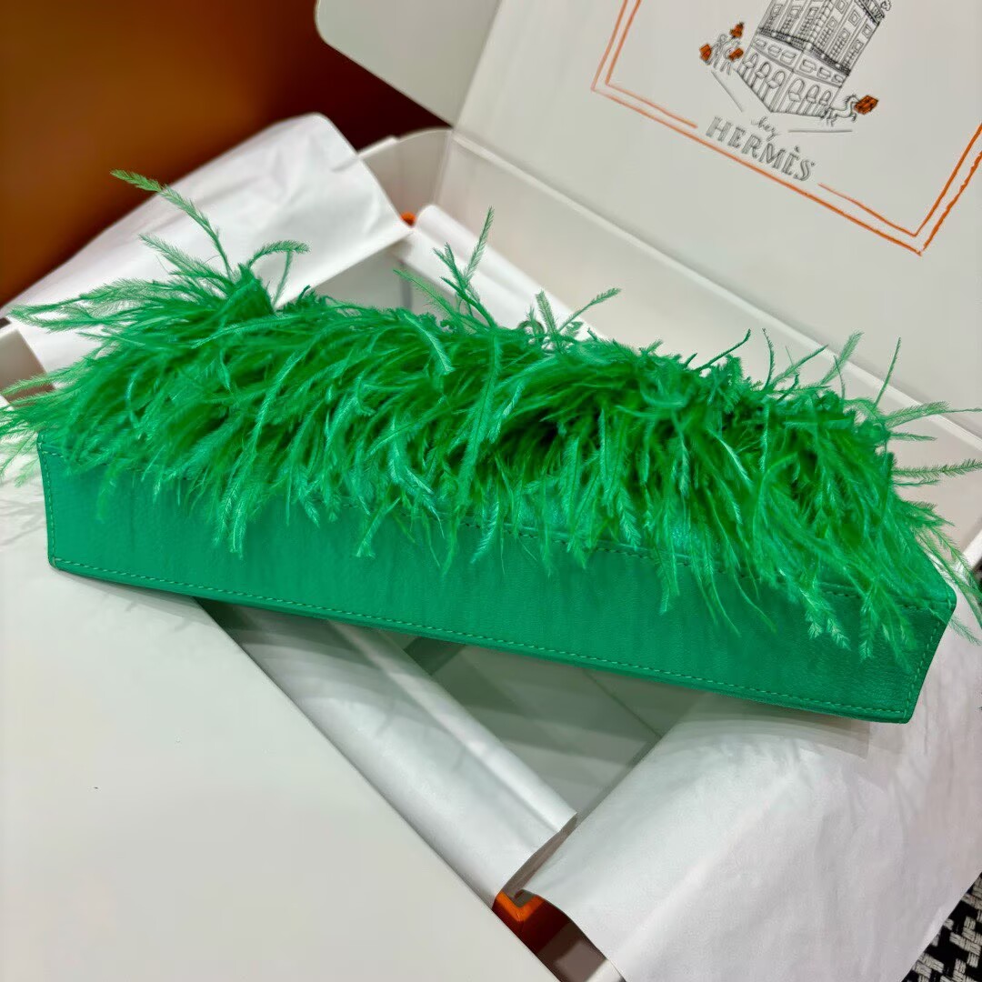 Hermes Kelly Elan Original Leather Ostich Feathers Bag 83210 Green Hermes Kelly Elan Original Leather Ostich Feathers Bag 83210 Green