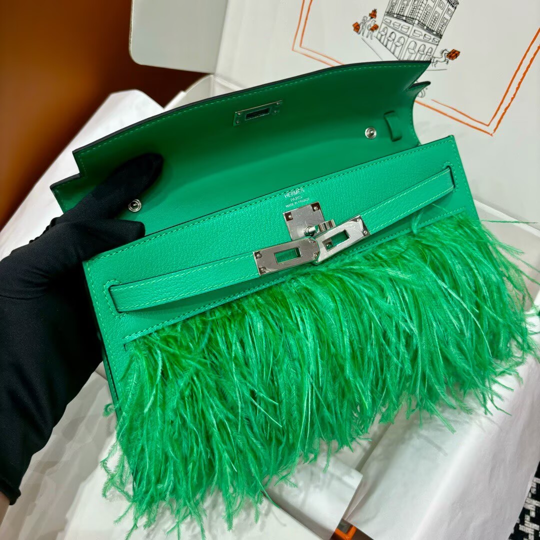 Hermes Kelly Elan Original Leather Ostich Feathers Bag 83210 Green Hermes Kelly Elan Original Leather Ostich Feathers Bag 83210 Green