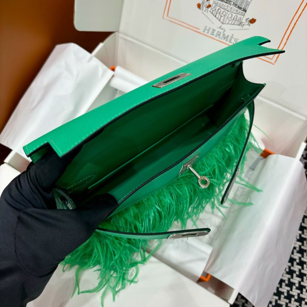 Hermes Kelly Elan Original Leather Ostich Feathers Bag 83210 Green Hermes Kelly Elan Original Leather Ostich Feathers Bag 83210 Green