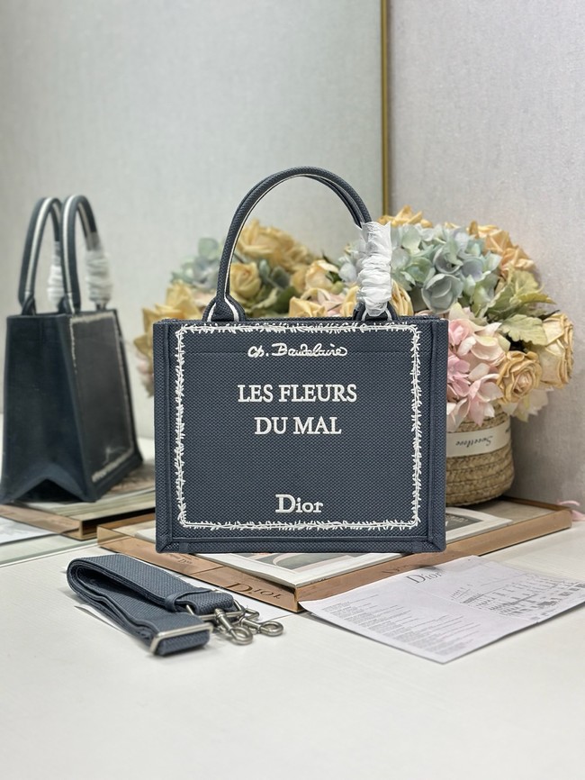 Small Dior Book Tote with Strap Embroidery M1404PE Blue and White Book Cover