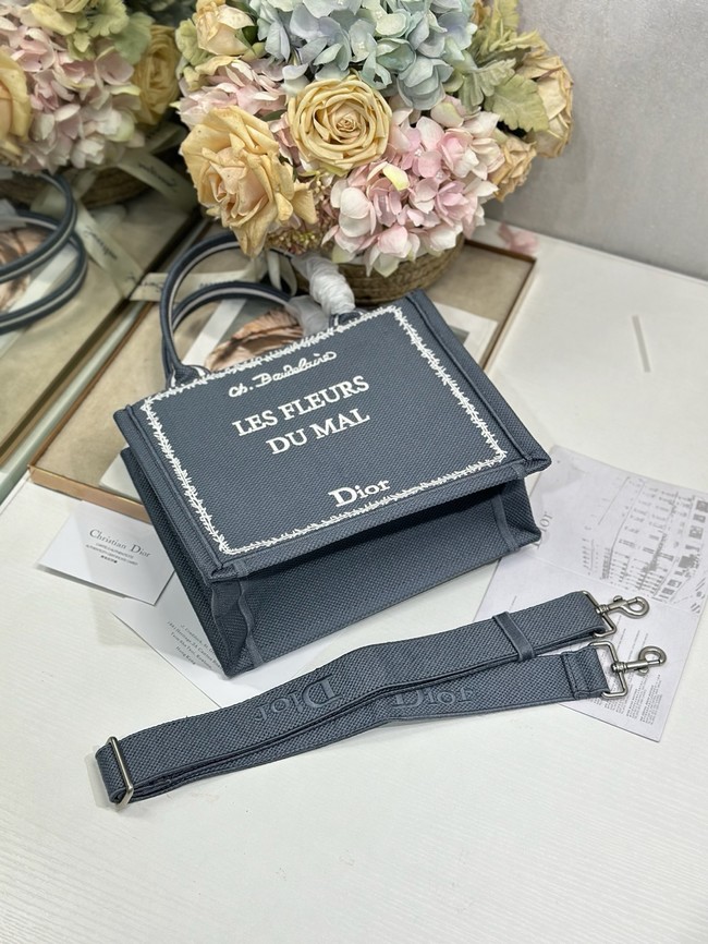 Small Dior Book Tote with Strap Embroidery M1404PE Blue and White Book Cover