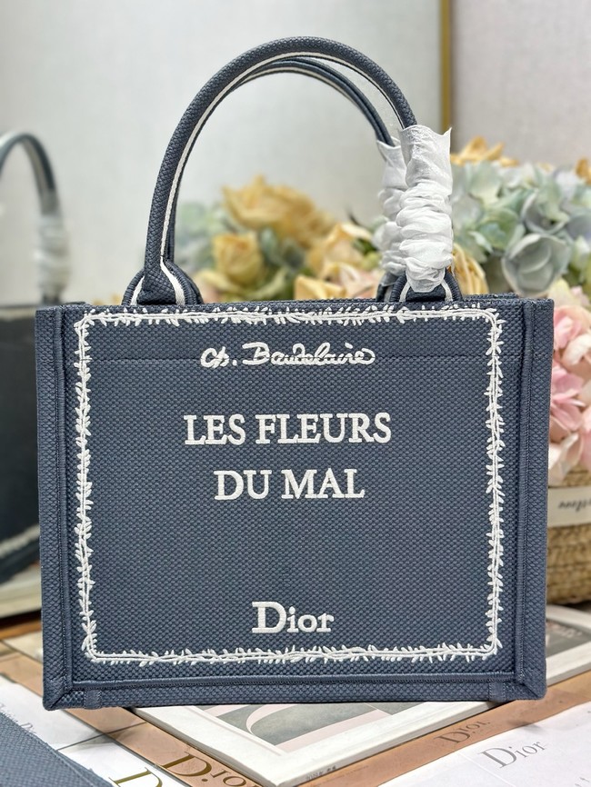 Small Dior Book Tote with Strap Embroidery M1404PE Blue and White Book Cover