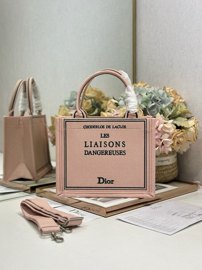 Small Dior Book Tote with Strap Embroidery M1404PE Rose Tendre