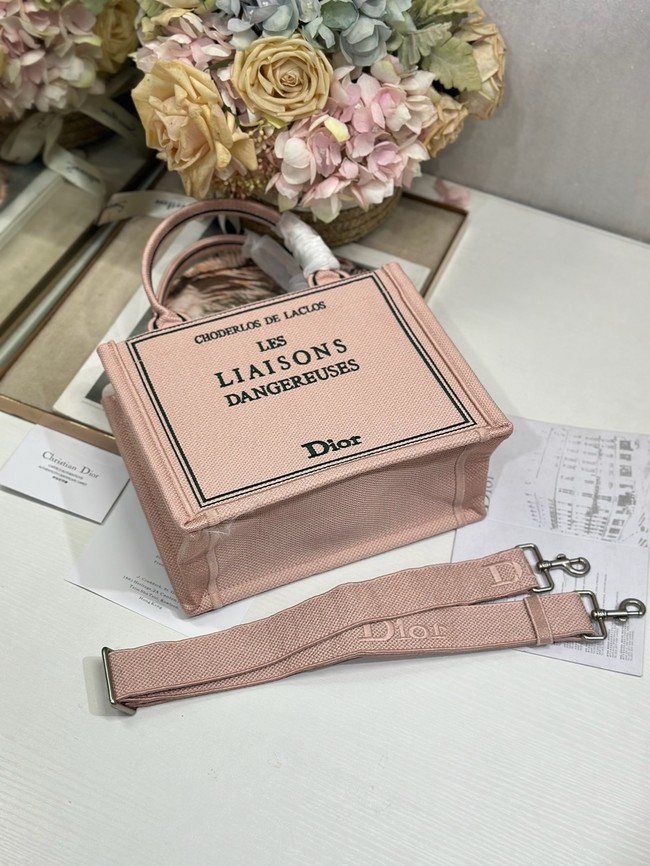 Small Dior Book Tote with Strap Embroidery M1404PE Rose Tendre