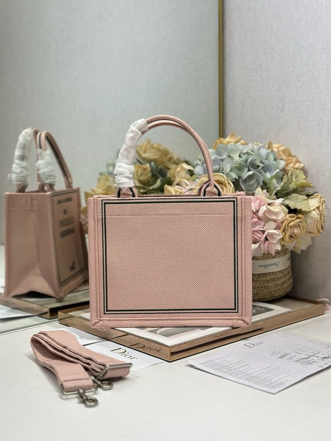 Small Dior Book Tote with Strap Embroidery M1404PE Rose Tendre