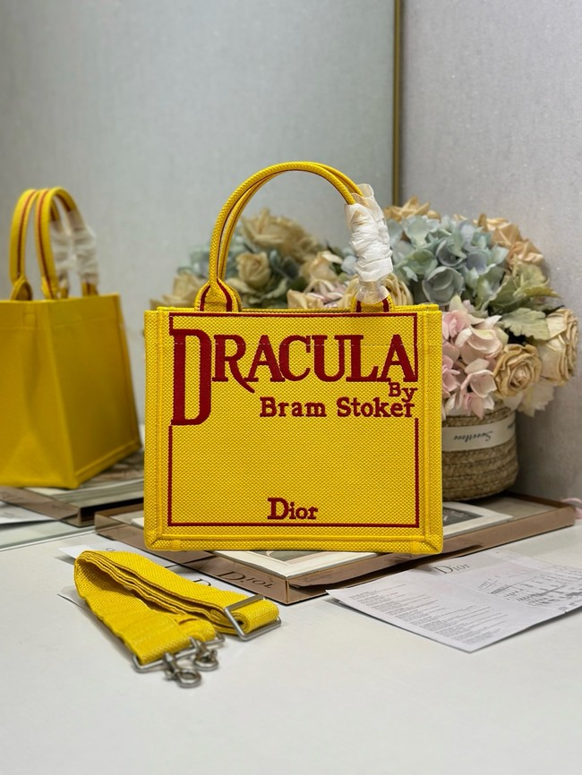 Small Dior Book Tote with Strap Embroidery M1404PE Yellow and Red Book Cover