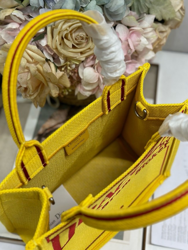 Small Dior Book Tote with Strap Embroidery M1404PE Yellow and Red Book Cover