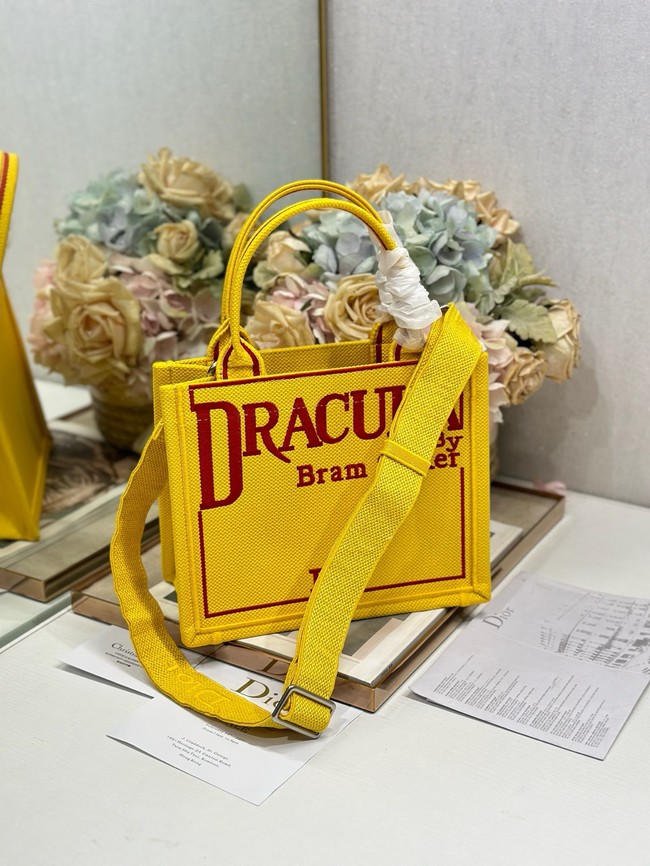 Small Dior Book Tote with Strap Embroidery M1404PE Yellow and Red Book Cover