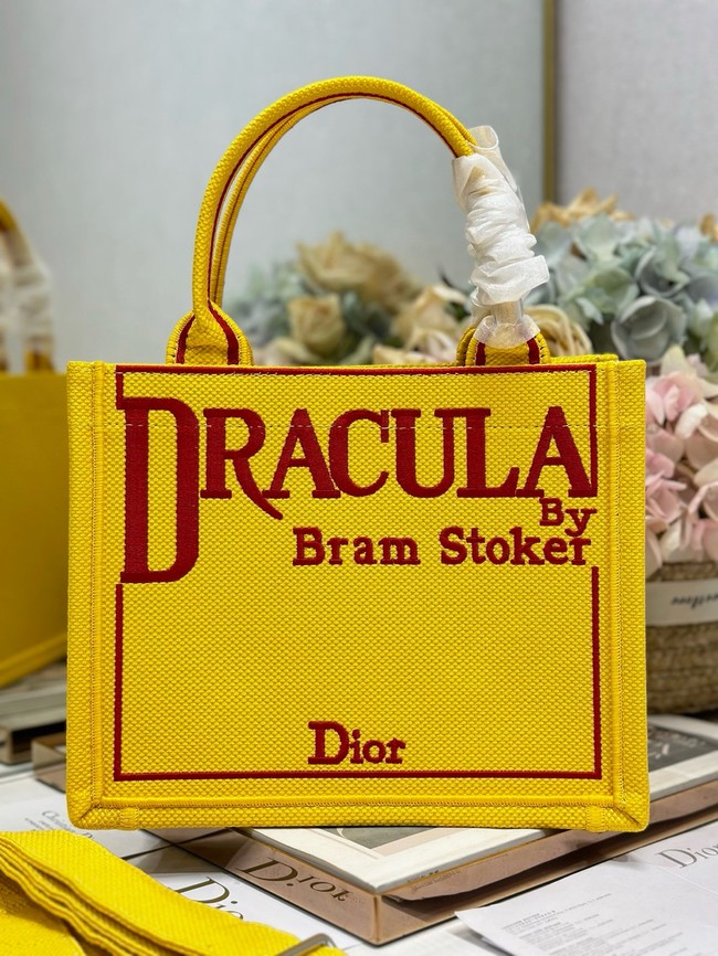 Small Dior Book Tote with Strap Embroidery M1404PE Yellow and Red Book Cover