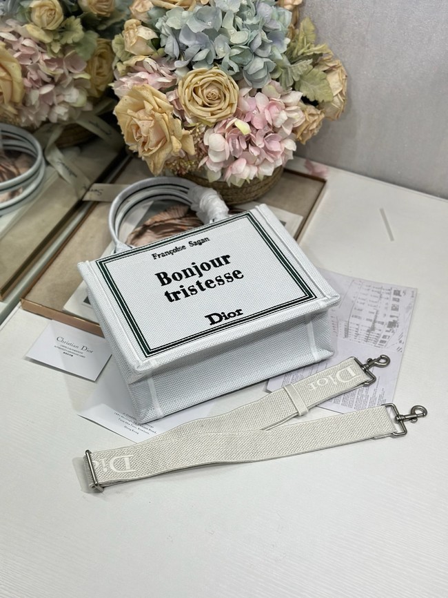 Small Dior Book Tote with Strap Embroidery M1404PE white