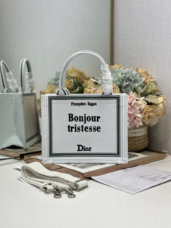Small Dior Book Tote with Strap Embroidery M1404PE white