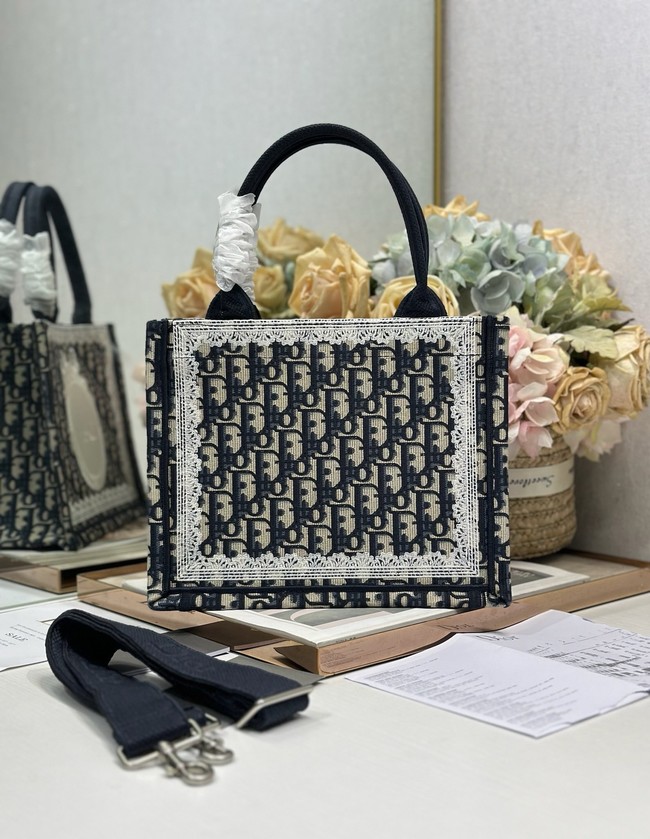 Small Dior Book Tote with Strap M1404PE Blue and White Lace