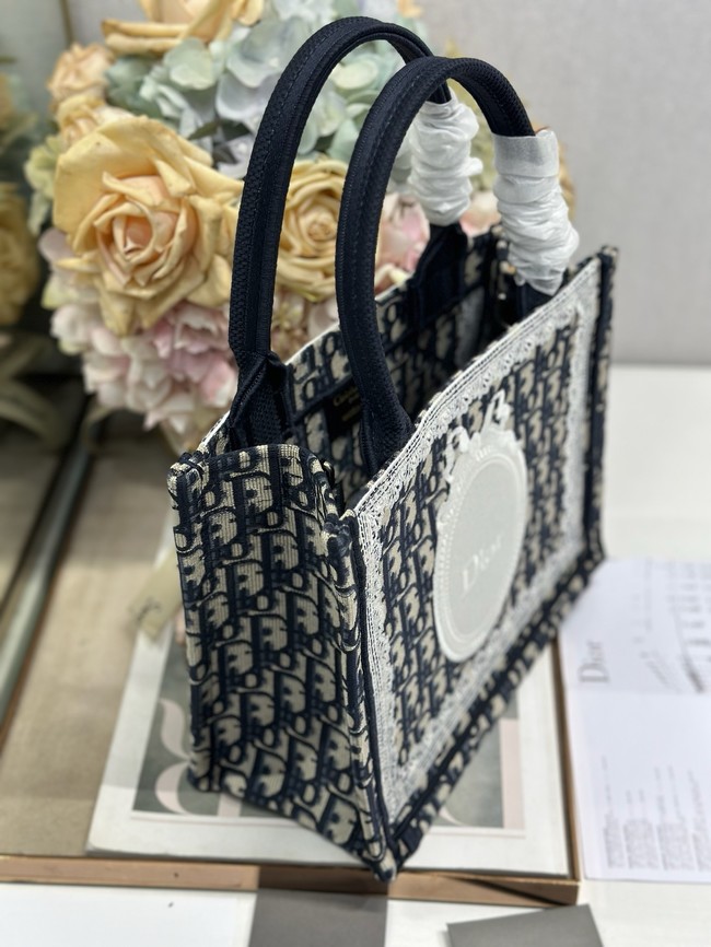 Small Dior Book Tote with Strap M1404PE Blue and White Lace