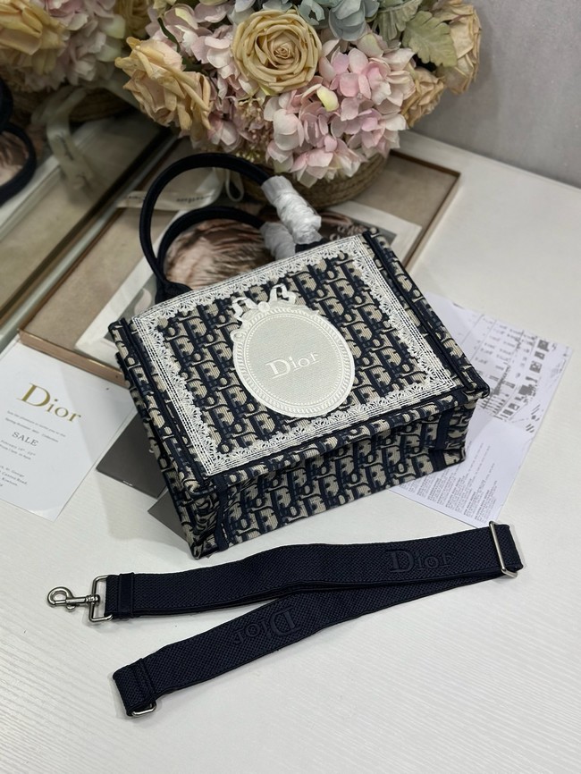 Small Dior Book Tote with Strap M1404PE Blue and White Lace