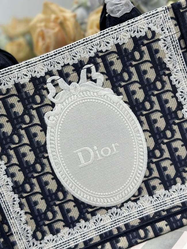 Small Dior Book Tote with Strap M1404PE Blue and White Lace
