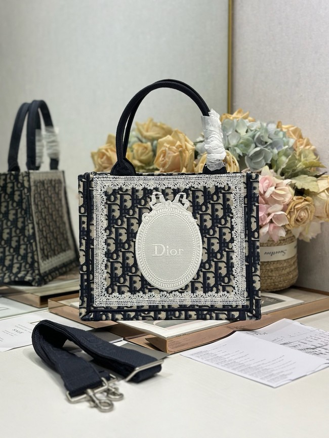 Small Dior Book Tote with Strap M1404PE Blue and White Lace