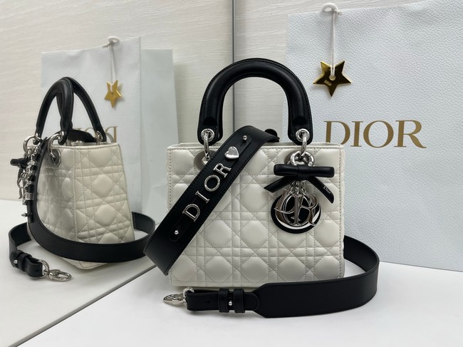 Small Lady Dior Bag with Strap Cannage Lambskin M0531OU Latte and Black