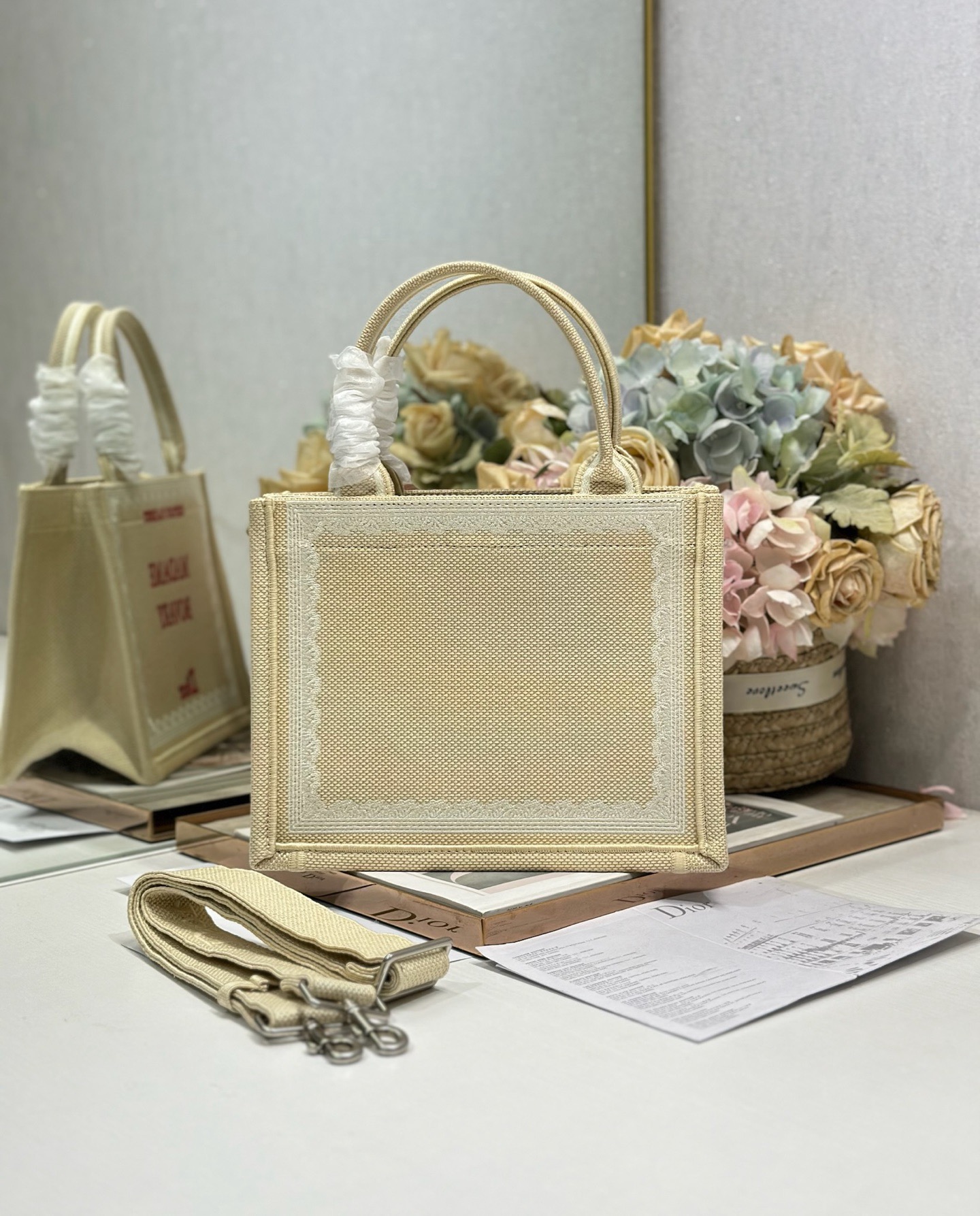 Small Dior Book Tote with Strap Beige and Red Book Cover Embroidery M1404PE