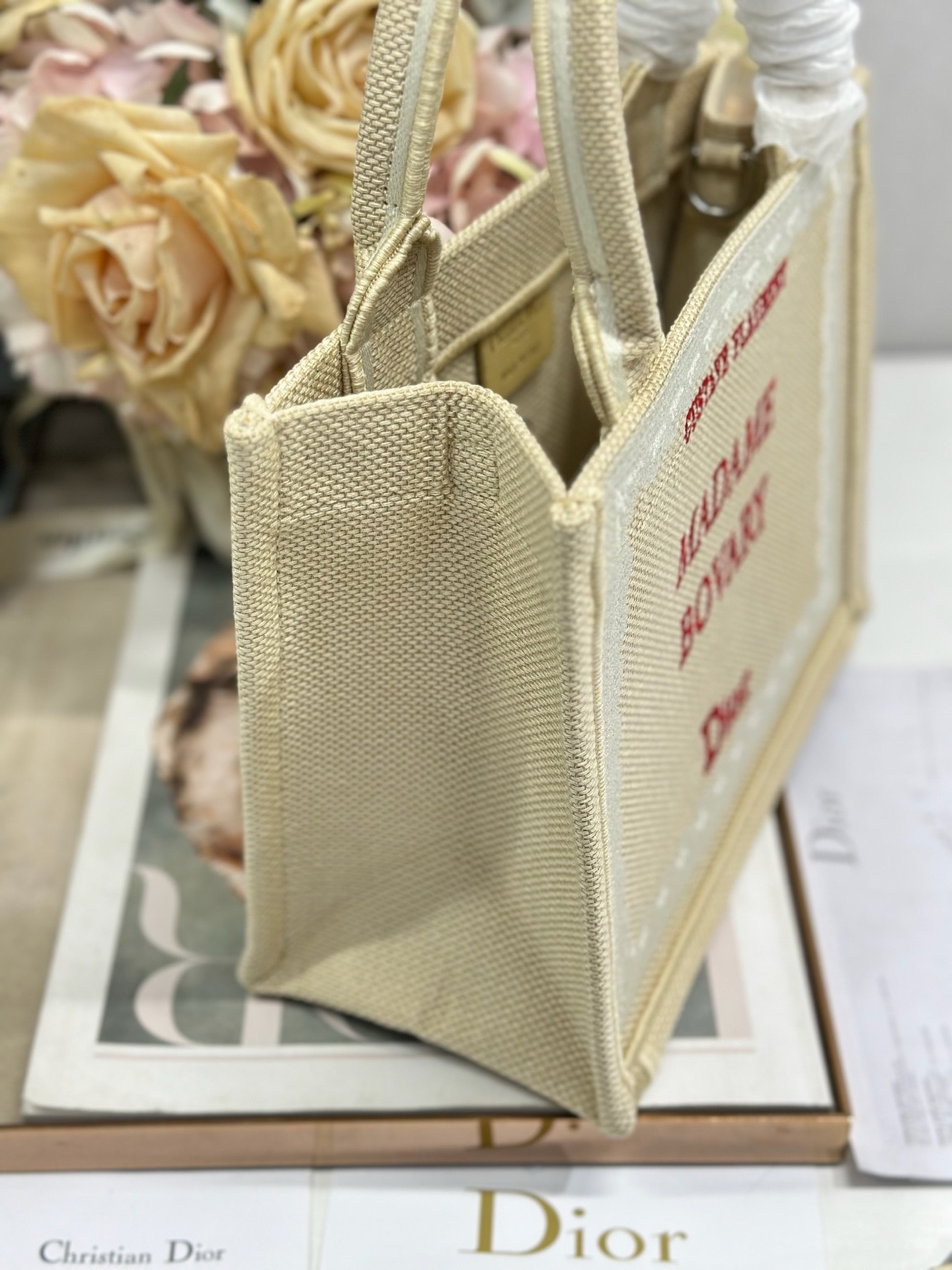 Small Dior Book Tote with Strap Beige and Red Book Cover Embroidery M1404PE
