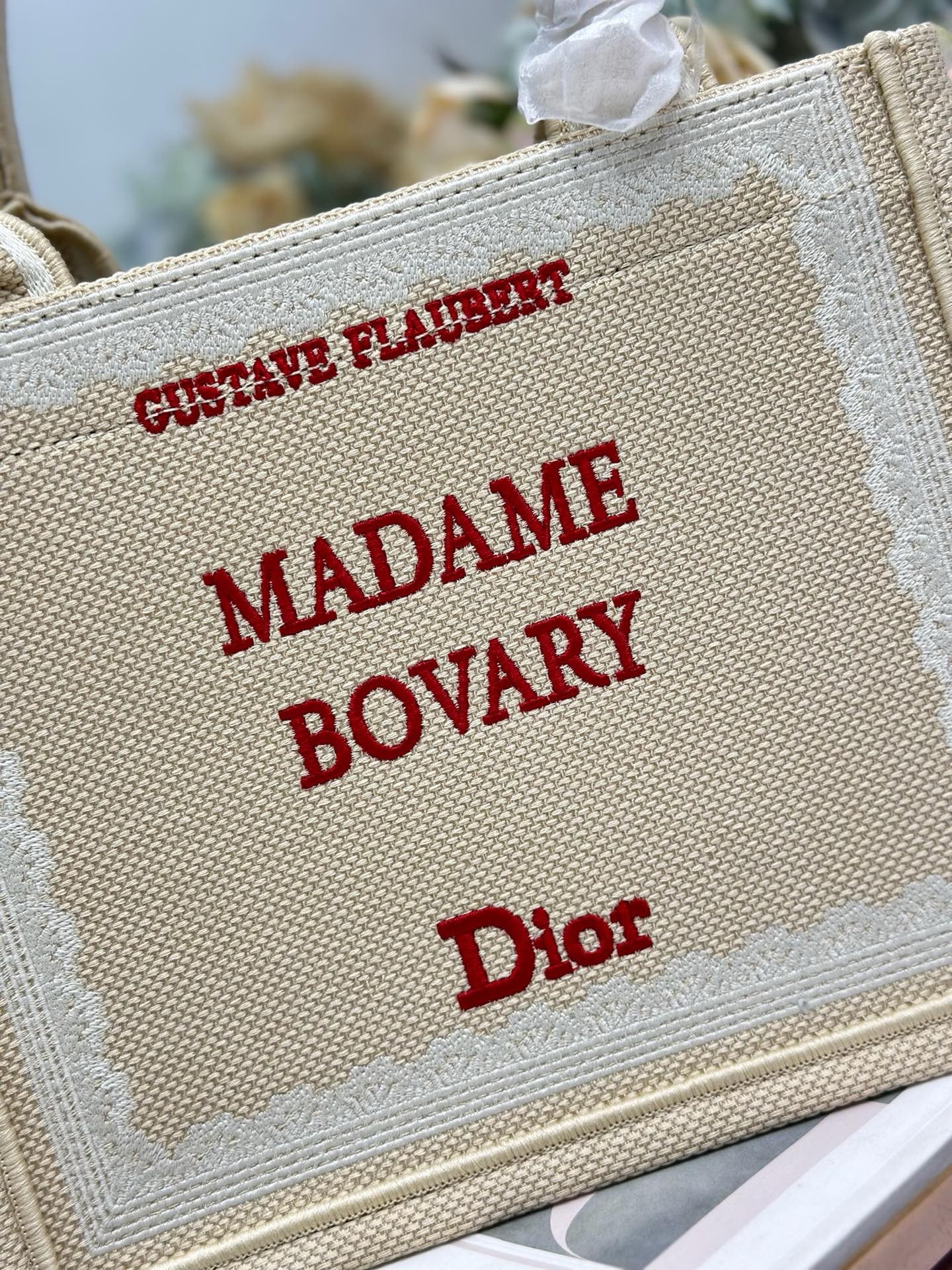 Small Dior Book Tote with Strap Beige and Red Book Cover Embroidery M1404PE