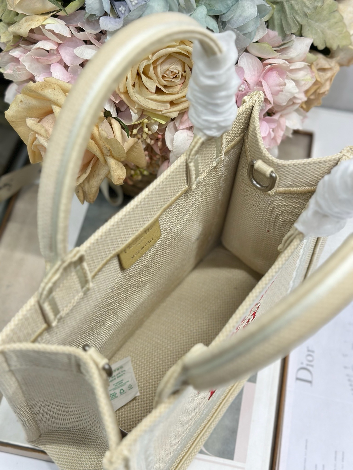 Small Dior Book Tote with Strap Beige and Red Book Cover Embroidery M1404PE