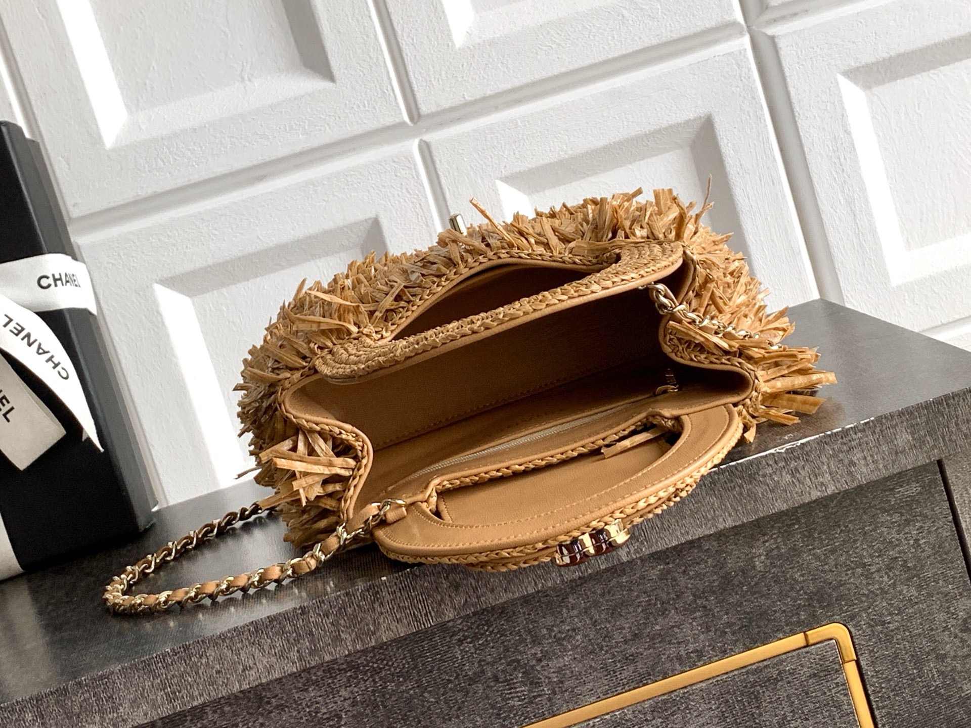 CHANEL Mini Shopping Bag Raffia-Effect Fabric AS4416 Dark Beige