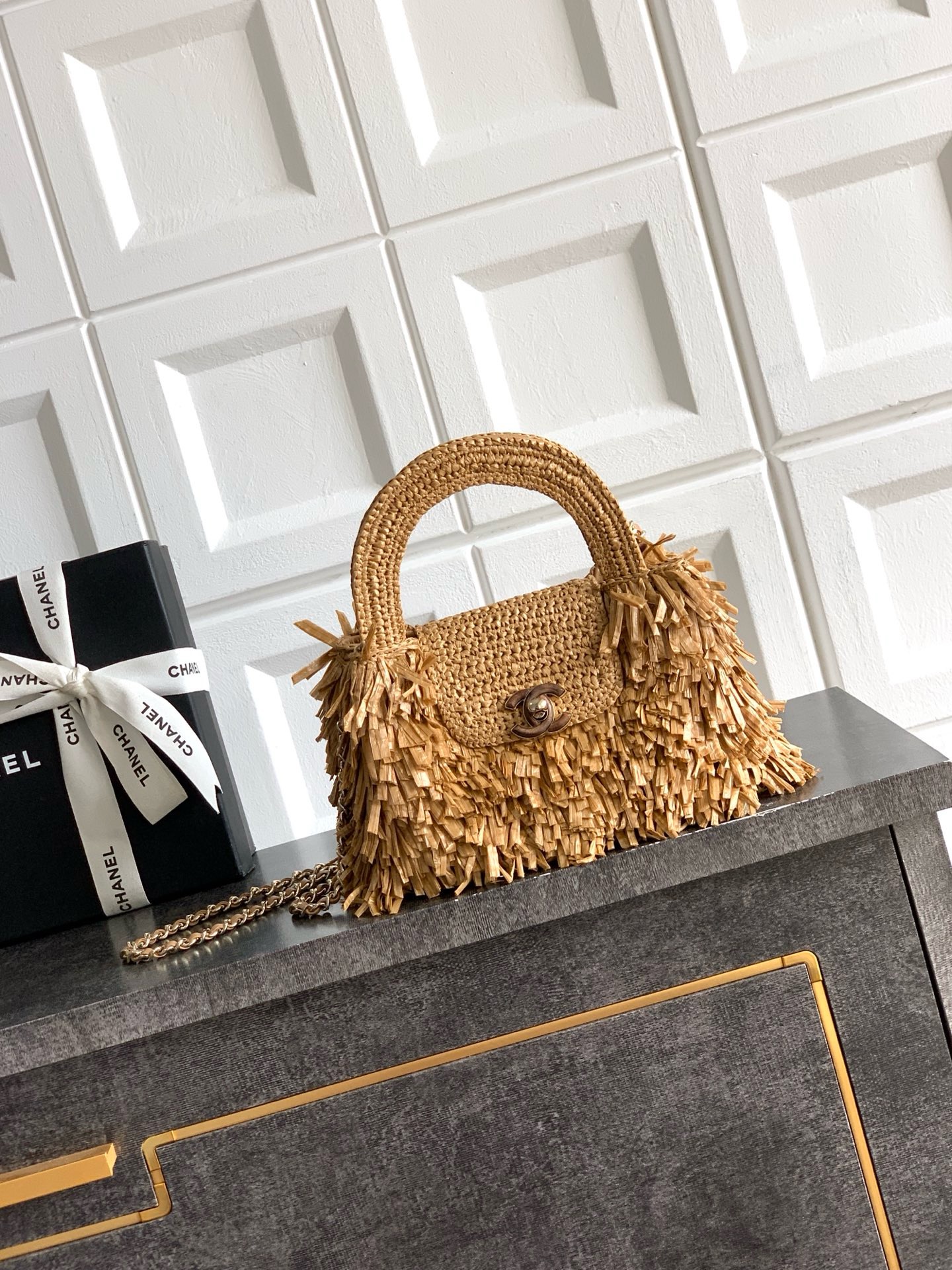 CHANEL Mini Shopping Bag Raffia-Effect Fabric AS4416 Dark Beige