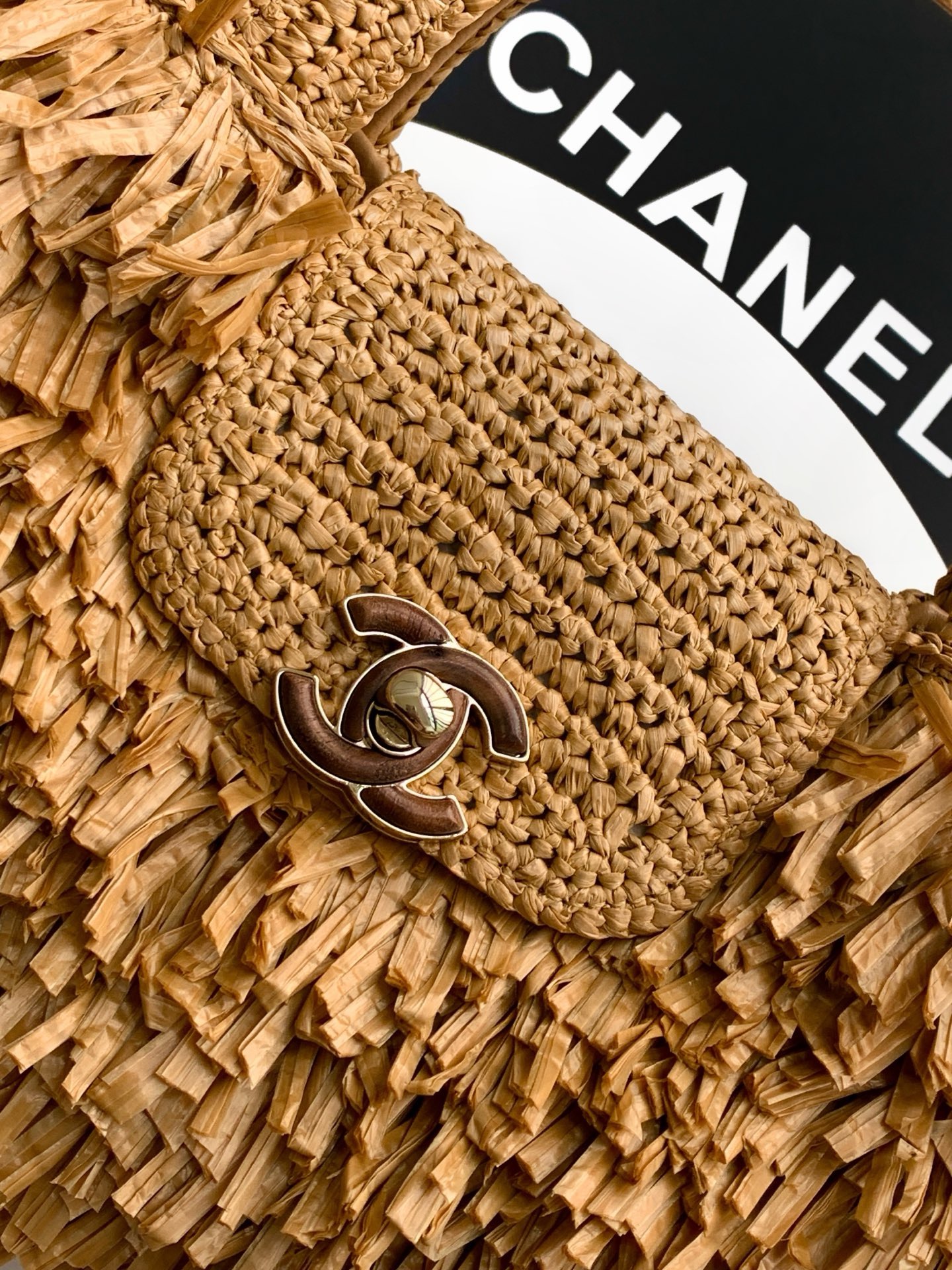 CHANEL Mini Shopping Bag Raffia-Effect Fabric AS4416 Dark Beige