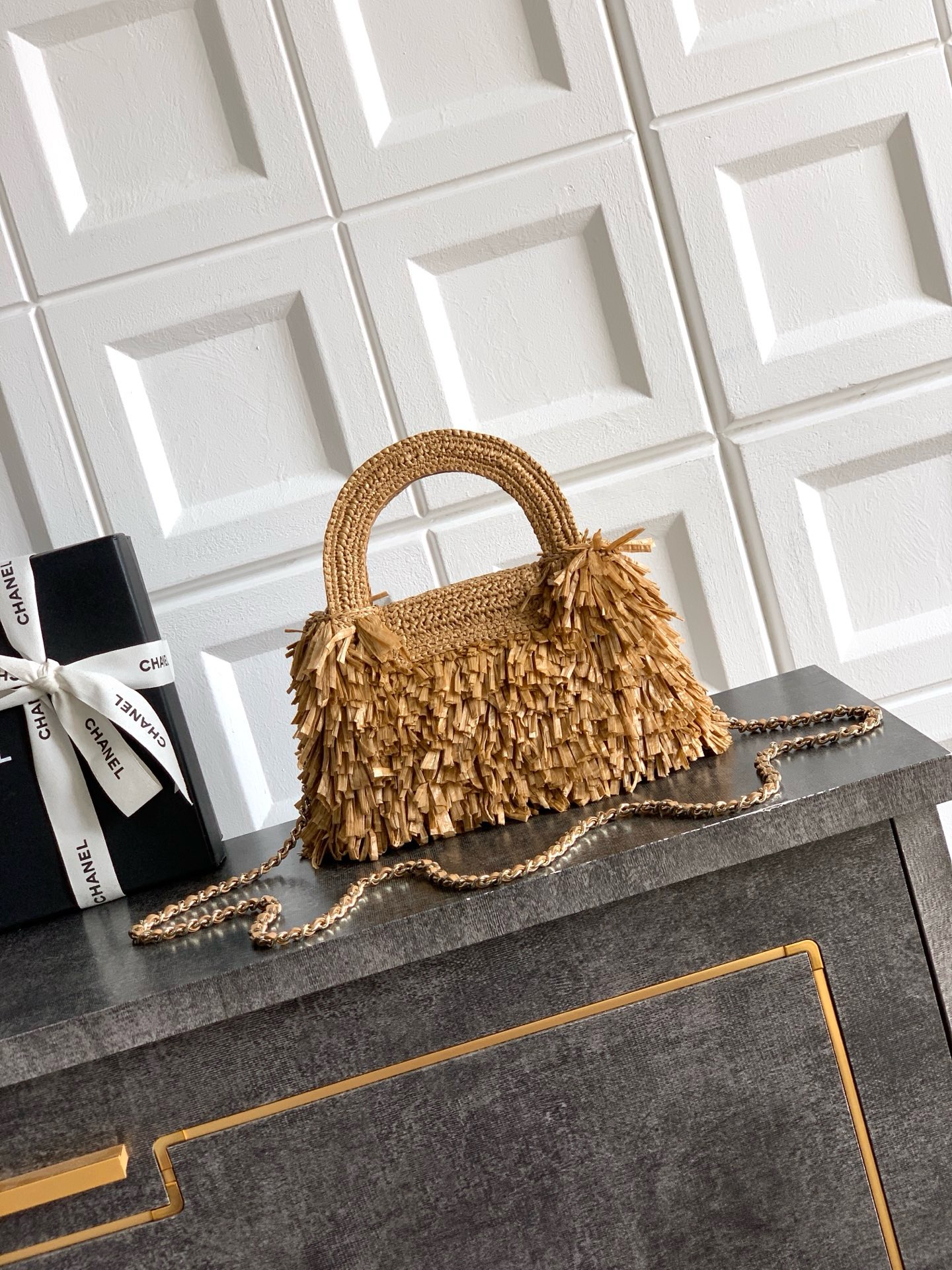 CHANEL Mini Shopping Bag Raffia-Effect Fabric AS4416 Dark Beige