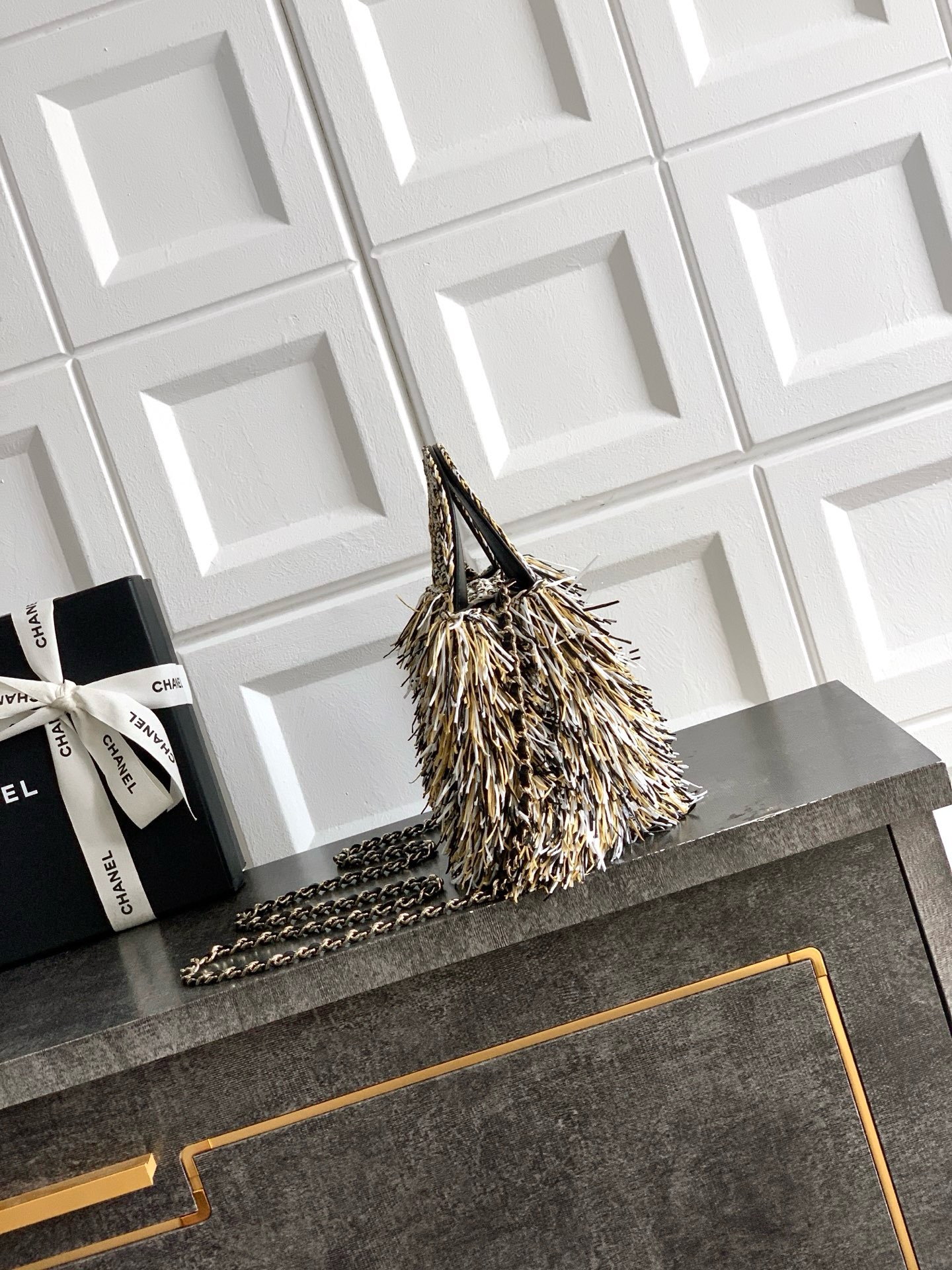 CHANEL Mini Shopping Bag Raffia-Effect Fabric AS4416 gray