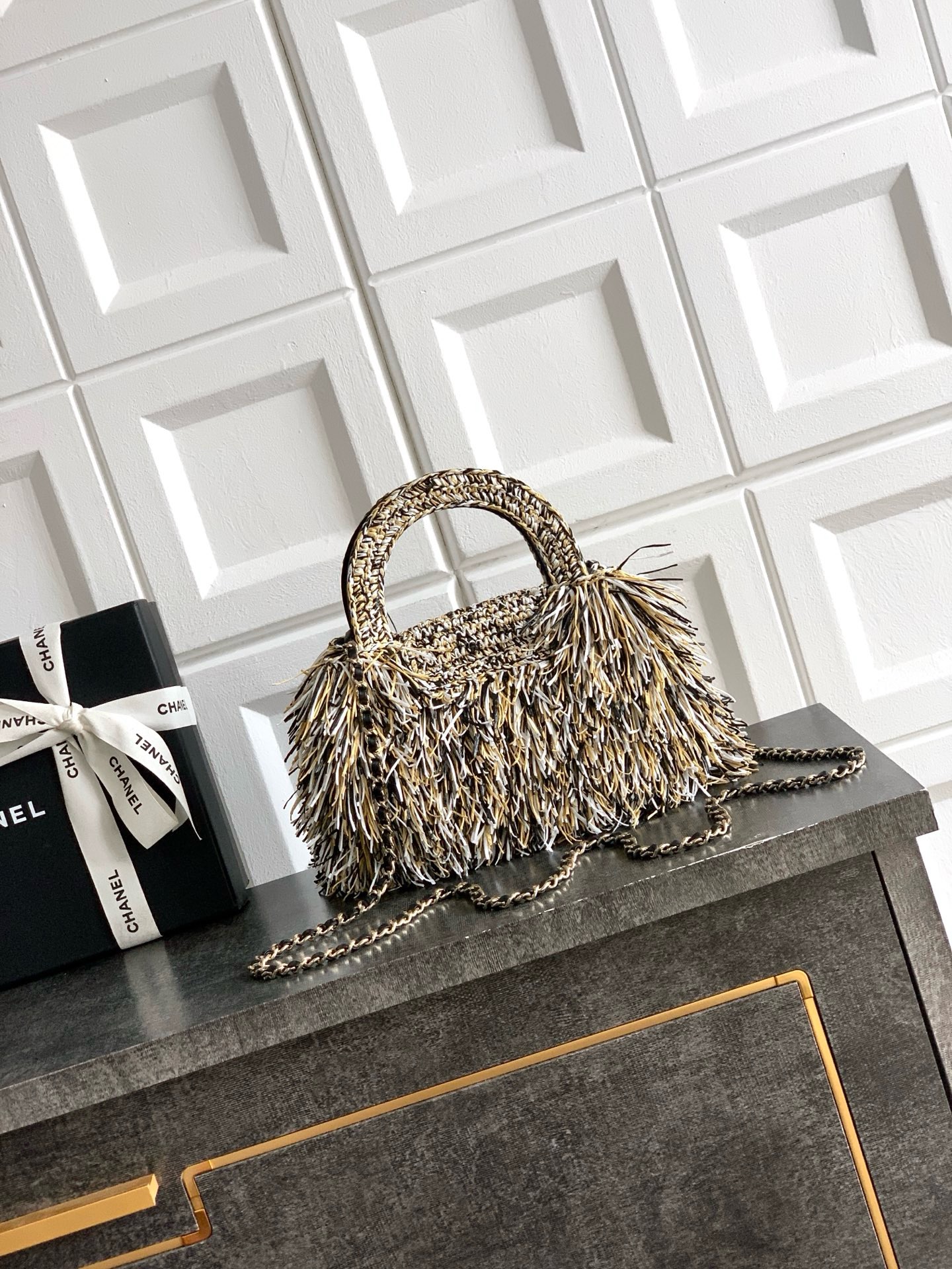 CHANEL Mini Shopping Bag Raffia-Effect Fabric AS4416 gray