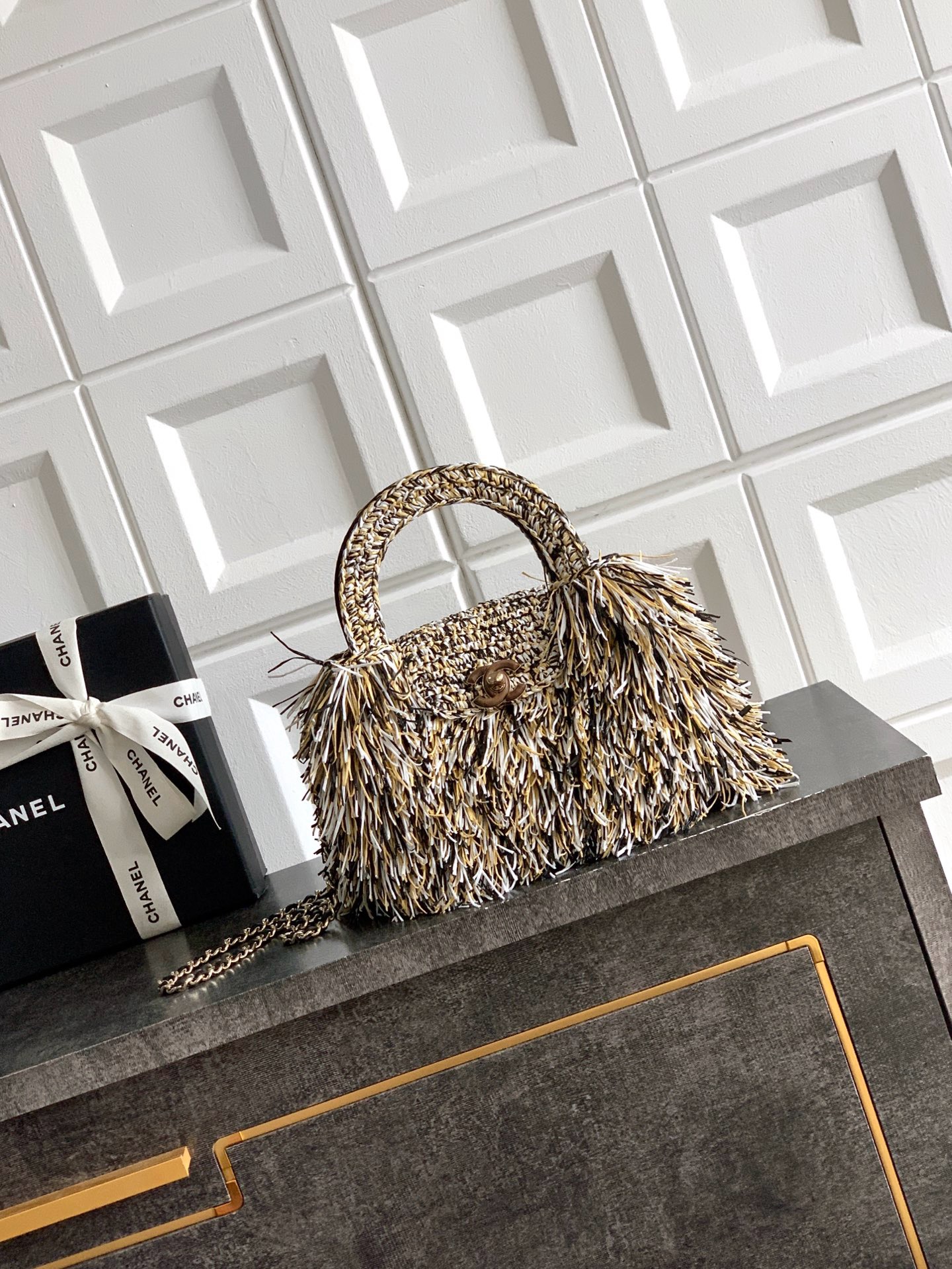 CHANEL Mini Shopping Bag Raffia-Effect Fabric AS4416 gray