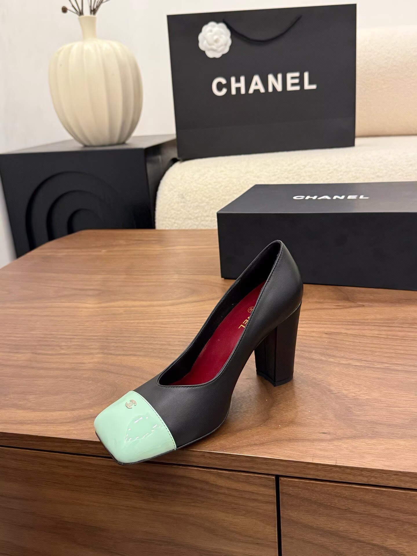 Chanel Pumps Lambskin heel G47188 Green&Black Chanel Pumps Lambskin heel G47188 Green&Black