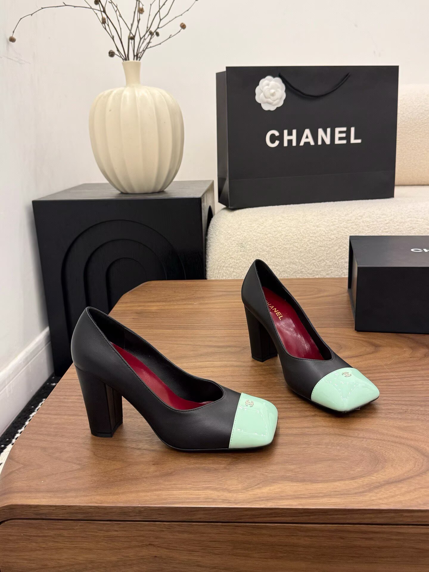 Chanel Pumps Lambskin heel G47188 Green&Black Chanel Pumps Lambskin heel G47188 Green&Black