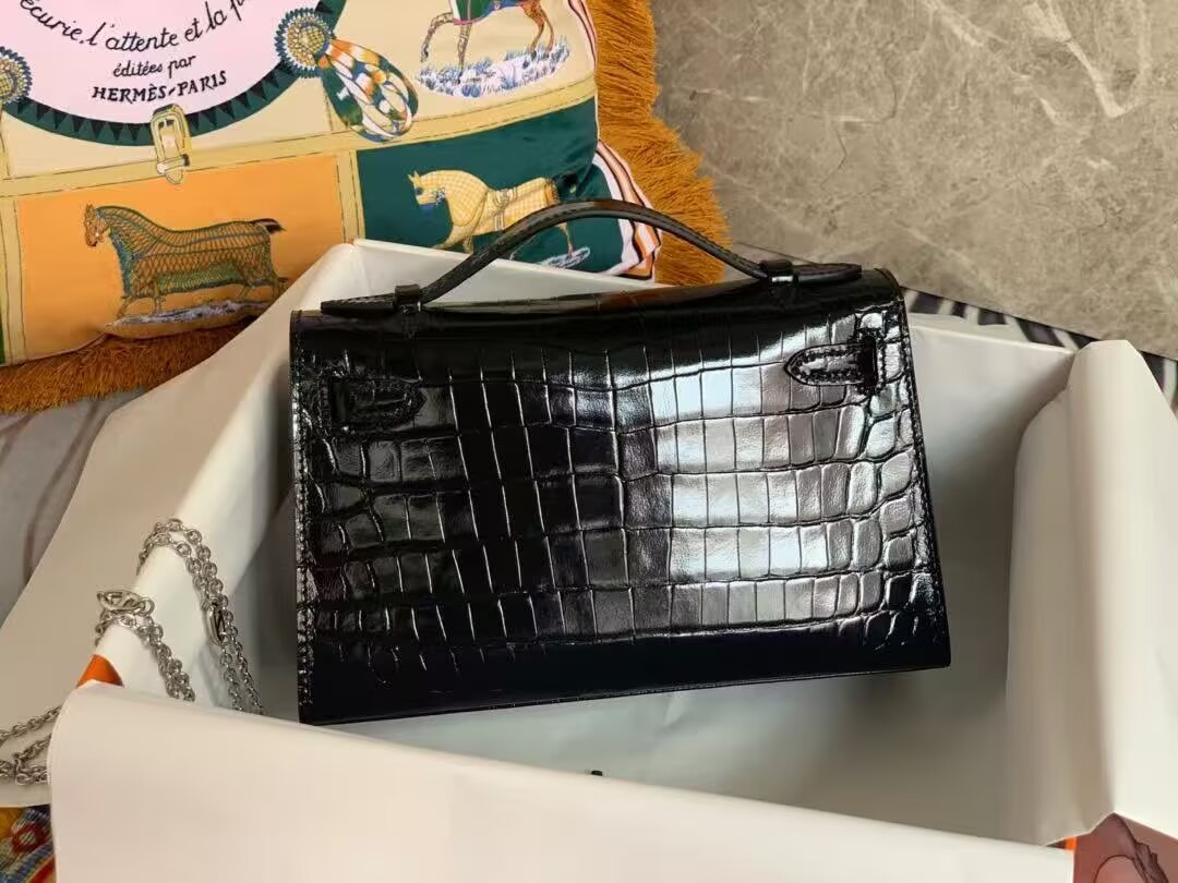 Hermes MINI Kelly 22cm Clutch Original Croco Leather KL22 Black Hermes MINI Kelly 22cm Clutch Original Croco Leather KL22 Black