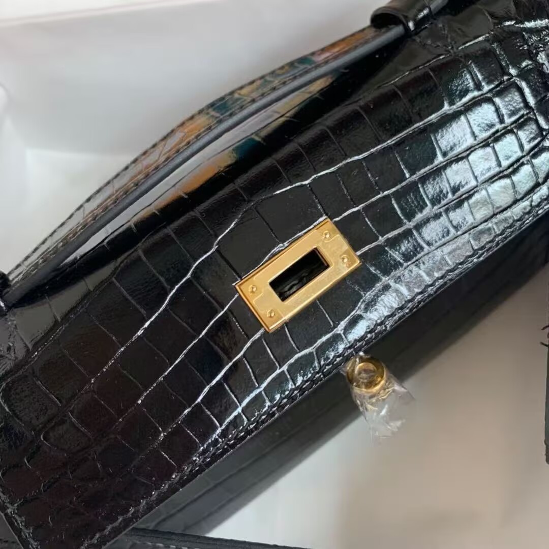 Hermes MINI Kelly 22cm Clutch Original Croco Leather KL22 Black Hermes MINI Kelly 22cm Clutch Original Croco Leather KL22 Black
