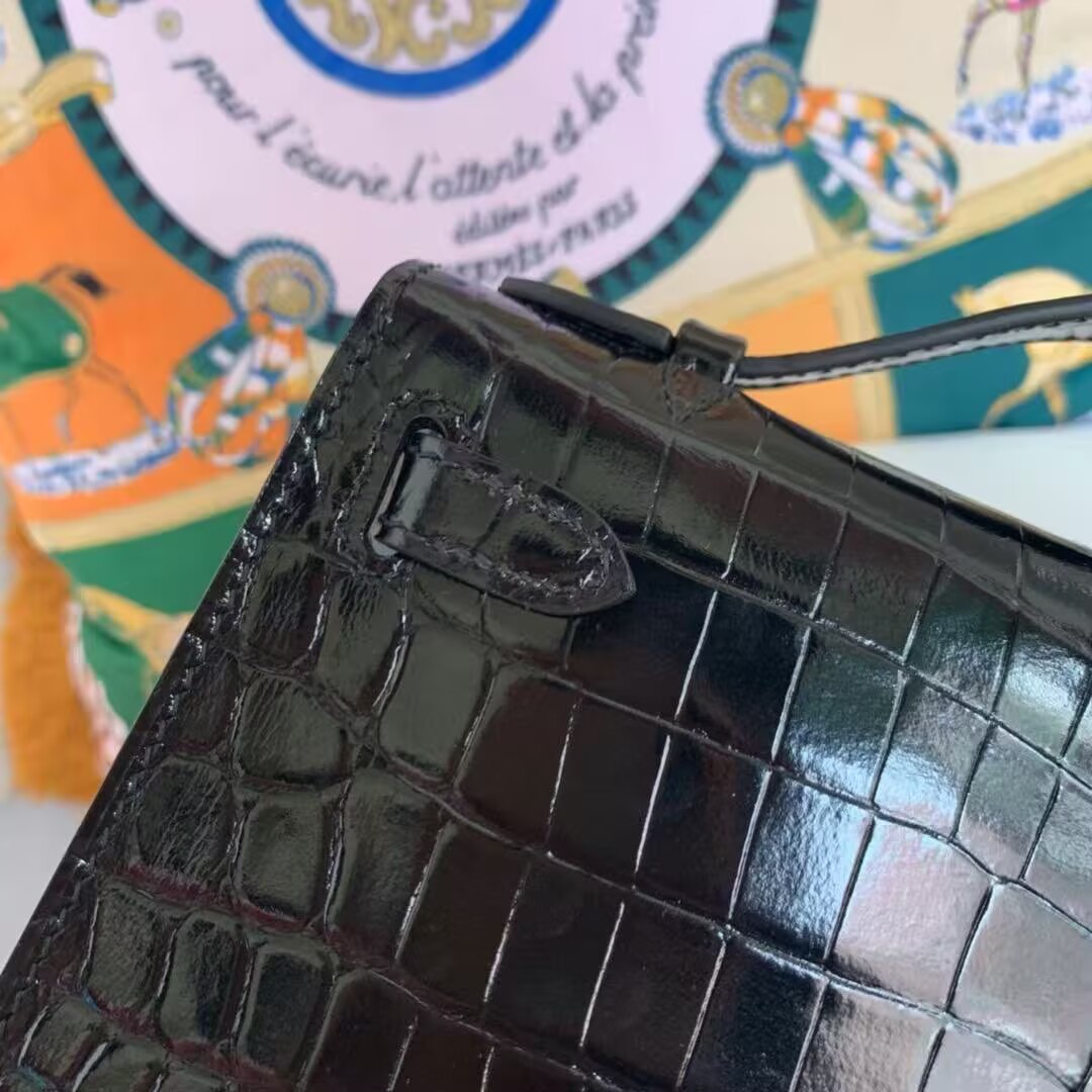 Hermes MINI Kelly 22cm Clutch Original Croco Leather KL22 Black Hermes MINI Kelly 22cm Clutch Original Croco Leather KL22 Black