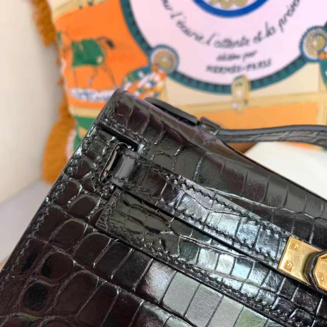 Hermes MINI Kelly 22cm Clutch Original Croco Leather KL22 Black Hermes MINI Kelly 22cm Clutch Original Croco Leather KL22 Black