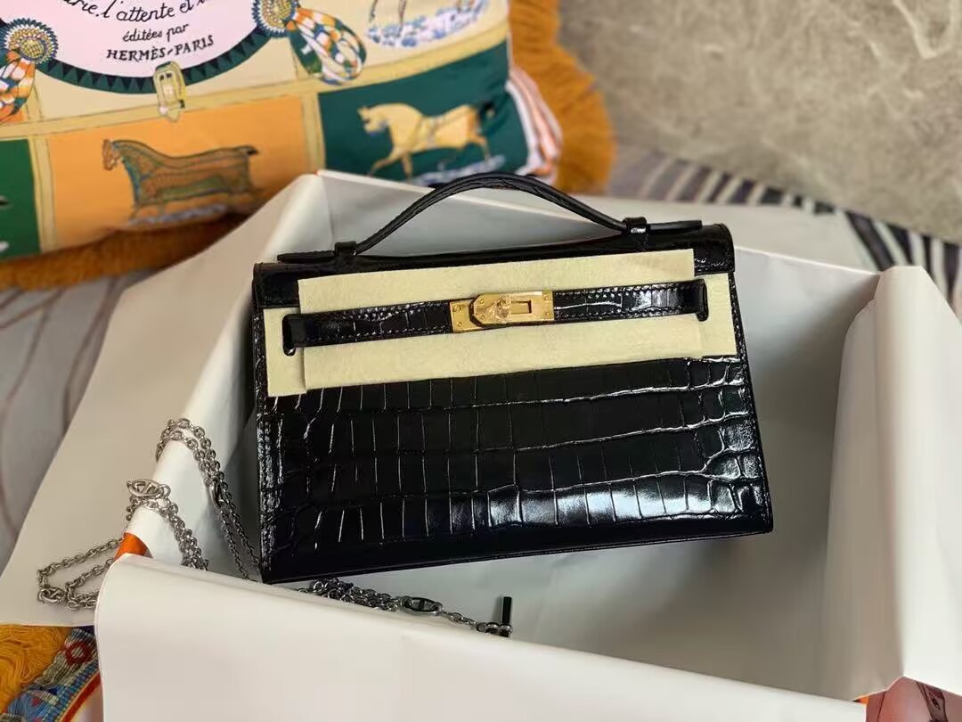 Hermes MINI Kelly 22cm Clutch Original Croco Leather KL22 Black Hermes MINI Kelly 22cm Clutch Original Croco Leather KL22 Black