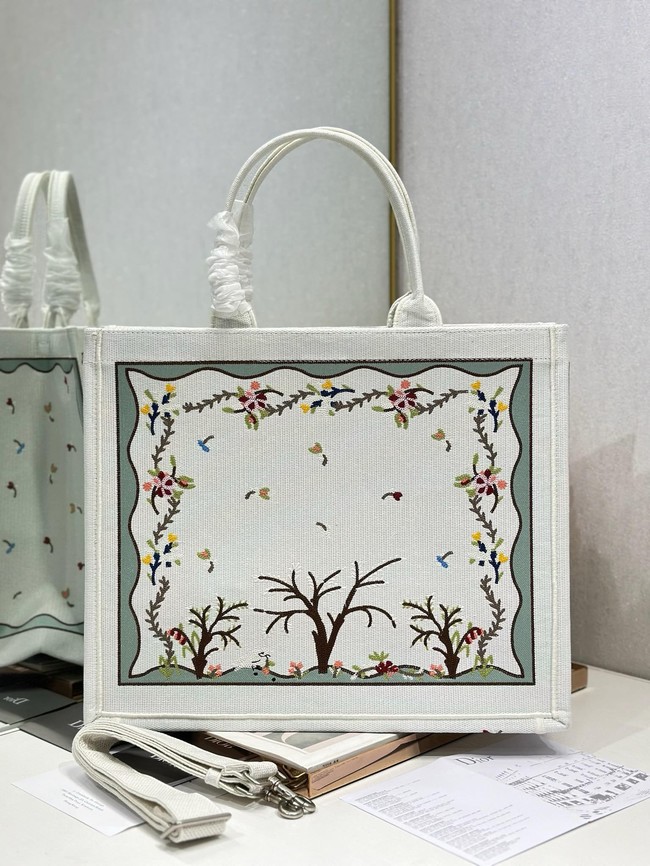 Large Dior Book Tote Book Cover Embroidery TSH295 White Multicolor Revolution Flowers