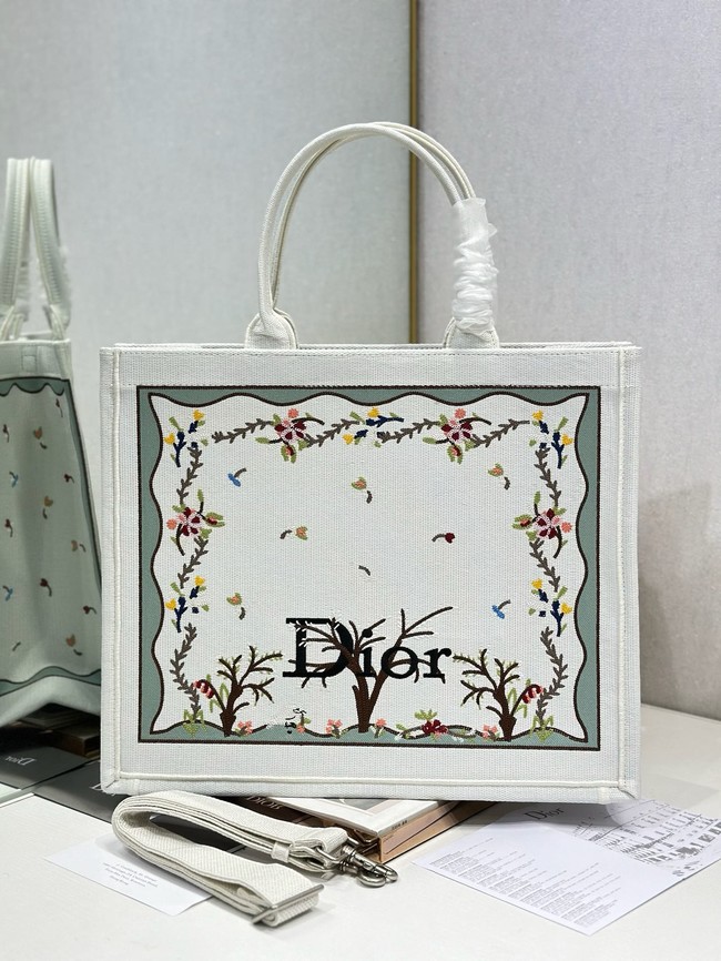 Large Dior Book Tote Book Cover Embroidery TSH295 White Multicolor Revolution Flowers