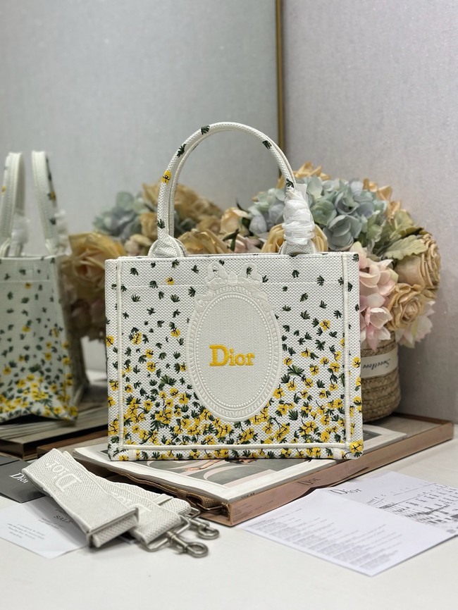 Small Dior Book Tote with Strap M1404PE Buttercup Embroidery White
