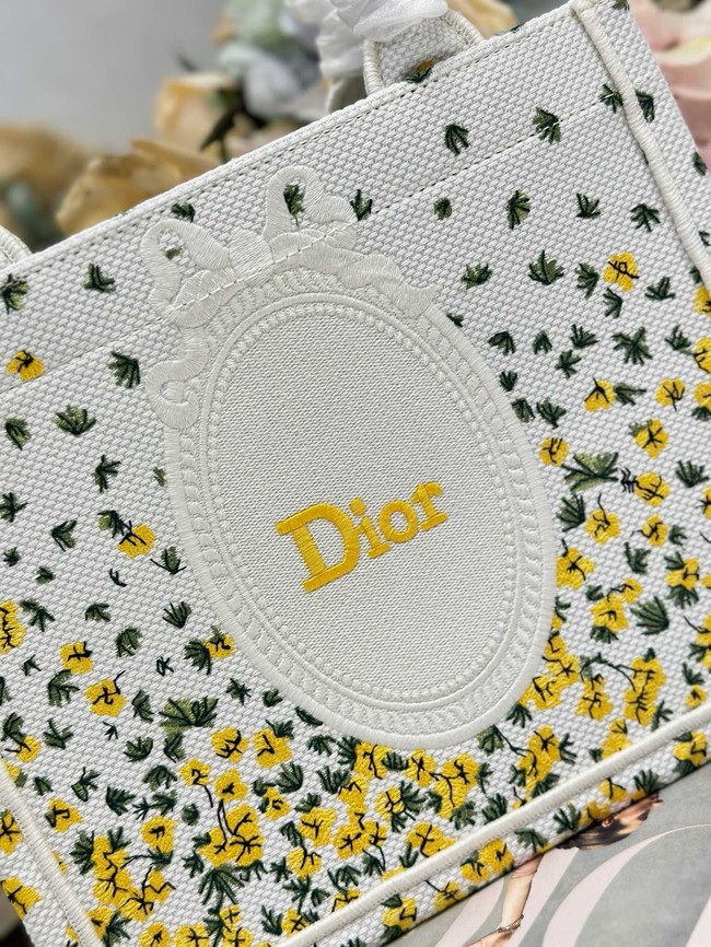 Small Dior Book Tote with Strap M1404PE Buttercup Embroidery White