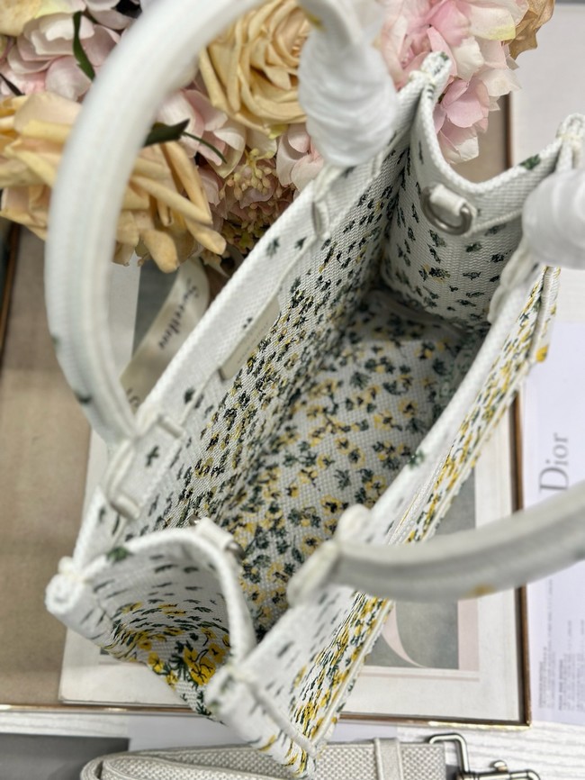 Small Dior Book Tote with Strap M1404PE Buttercup Embroidery White