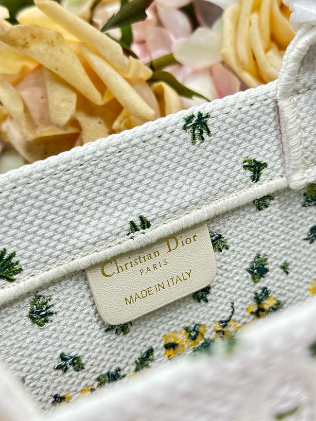 Small Dior Book Tote with Strap M1404PE Buttercup Embroidery White