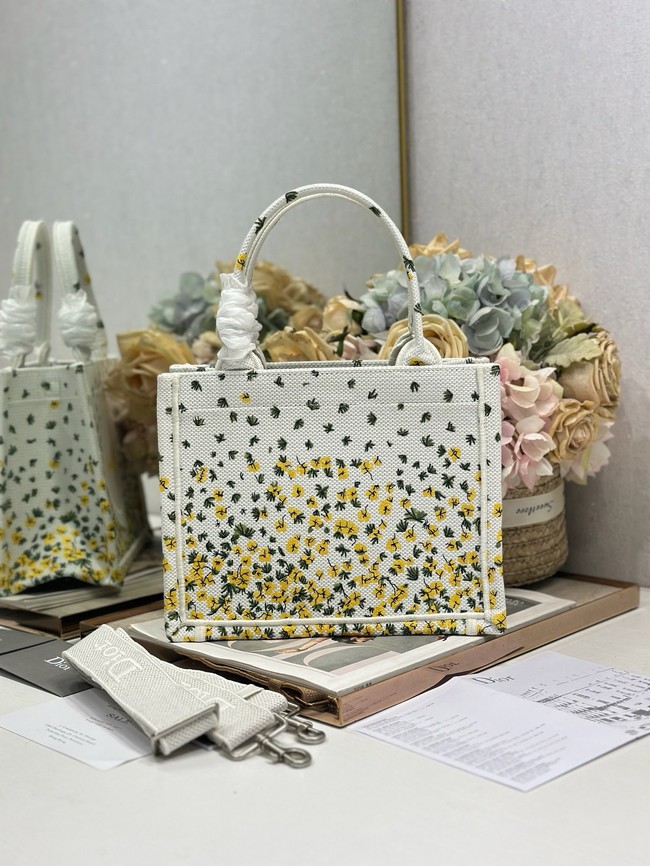 Small Dior Book Tote with Strap M1404PE Buttercup Embroidery White