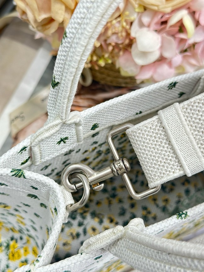 Small Dior Book Tote with Strap M1404PE Buttercup Embroidery White