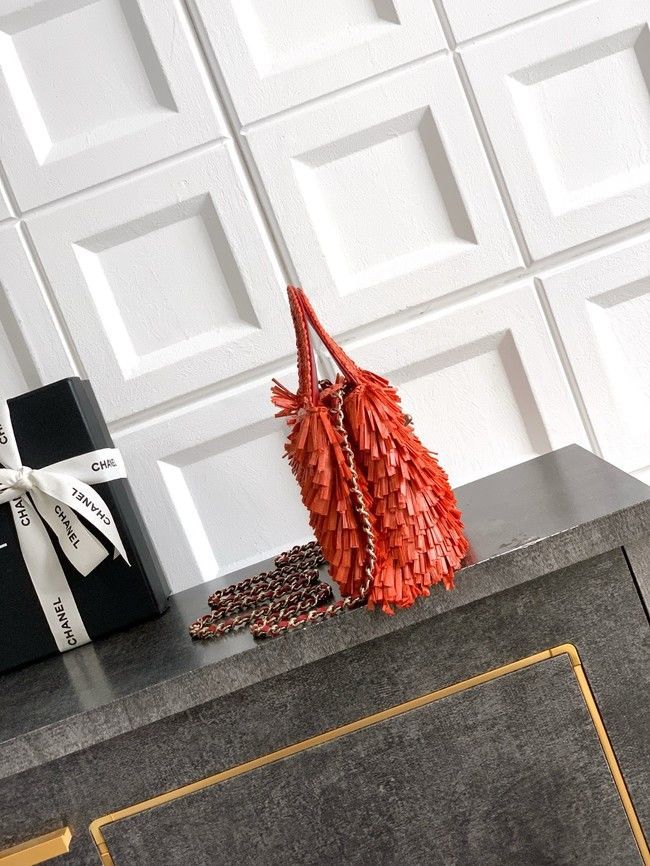 CHANEL Mini Shopping Bag Raffia-Effect Fabric AS4416 orange red CHANEL Mini Shopping Bag Raffia-Effect Fabric AS4416 orange red
